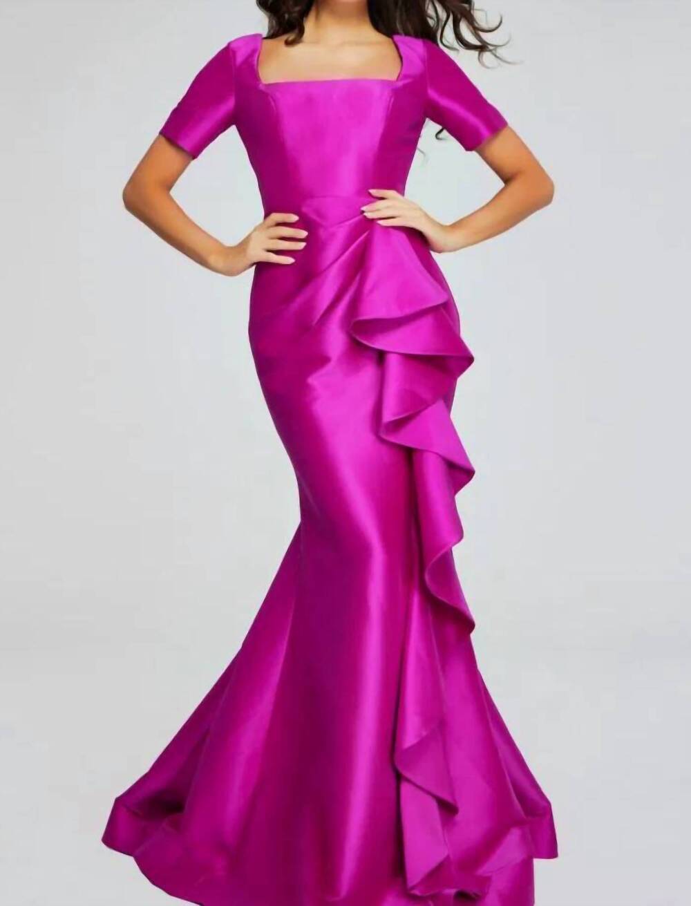 NEW JOVANI vibrant gown with square neckline and ruffle detail in orchid